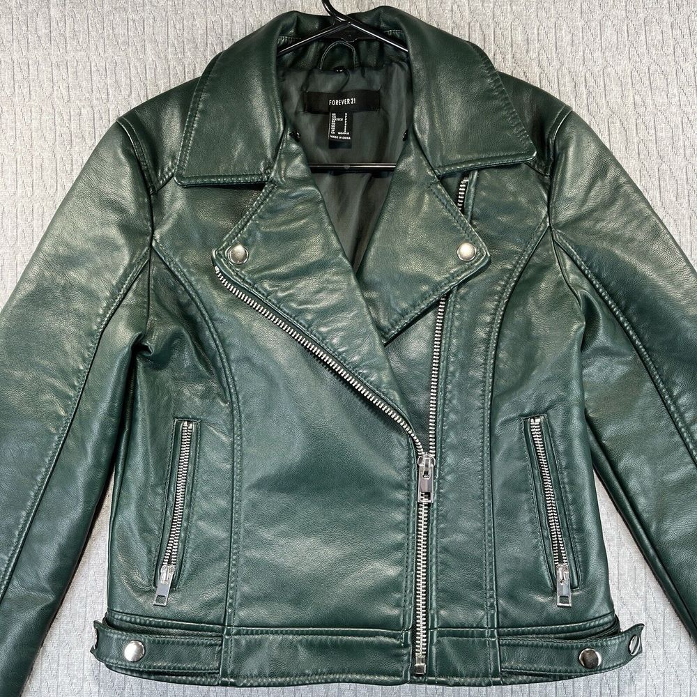 Women leather Green faux jacket Size (S) forever 21‎ rock 'n' roll heavy weight